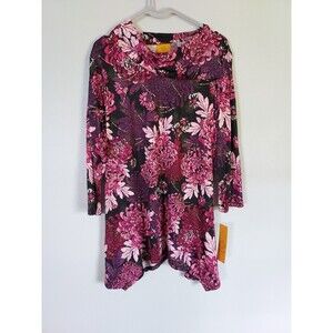 Ruby Rd Blouse Top Women's Medium Purple Floral Geometric Split Cowl Neck NEW